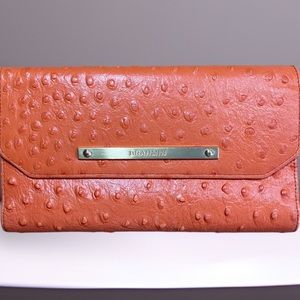 BRAHMIN Dusty Orange Ostrich embossed leather tri-fold wallet. Classic style